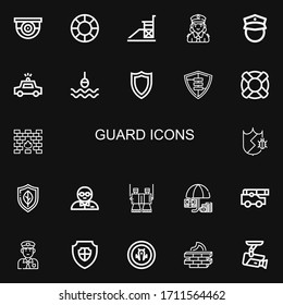 Editable 22 guard icons for web and mobile. Set of guard included icons line Surveillance, Lifesaver, Vigilance, Police, Policeman, Police car, Buoy, Shield on black background