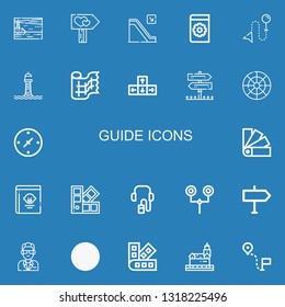 Editable 22 guide icons for web and mobile. Set of guide included icons line Lighthouse, Signpost, Escalator, Manual, Direction, Gauze, Sign Post, Color wheel on blue background
