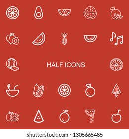 Editable 22 half icons for web and mobile. Set of half included icons line Orange, Avocado, Watermelon, Peach, Onion, Music notes, Coconut, Mangosteen, Tomato on red background