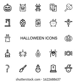 Editable 22 halloween icons for web and mobile. Set of halloween included icons line Pumpkin, Monster, Tarantula, Tarot, Caramelized apple, Gallow, Candy, Eye jar on white background