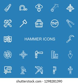 Editable 22 hammer icons for web and mobile. Set of hammer included icons line Saw, Hacksaw, Mining, Crossbow, Tools, Reflex hammer, Toolbox, Tnt, Pliers, Worker on blue background