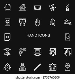 Editable 22 hand icons for web and mobile. Set of hand included icons line Glove, Fraternity, Laundry basket, Plant, Friend, Passport, Crutches, Blood donation on black background