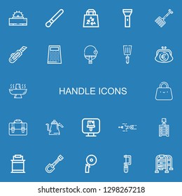 Editable 22 handle icons for web and mobile. Set of handle included icons line Saw, Brush, Bag, Flashlight, Rake, Cutter, Grater, Table tennis, Spatula, Purse on blue background