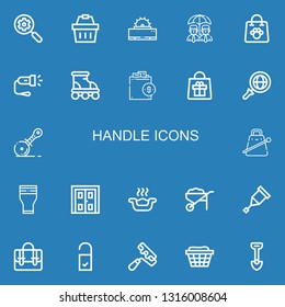 Editable 22 handle icons for web and mobile. Set of handle included icons line Search, Shopping basket, Saw, Umbrella, Shopping bag, Flashlight, Roller, Bag on blue background