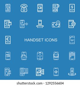 Editable 22 handset icons for web and mobile. Set of handset included icons line Smartphone, Telephone, Phone, Call on blue background