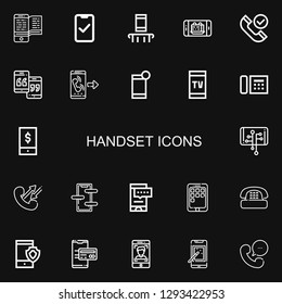 Editable 22 handset icons for web and mobile. Set of handset included icons line Smartphone, Phone, Call, Telephone on black background