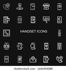 Editable 22 handset icons for web and mobile. Set of handset included icons line Phone, Smartphone, Telephone on black background