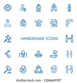 Editable 22 handshake icons for web and mobile. Set of handshake included icons line Friendship, Businessman, Hand, Friend, Hands, Organization, Deal, Greeting on white background