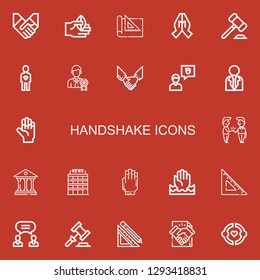 Editable 22 handshake icons for web and mobile. Set of handshake included icons line Handshake, Hand, Set square, Auction, Friend, Businessman, Agreement, Bank on red background