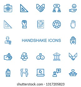 Editable 22 handshake icons for web and mobile. Set of handshake included icons line Business, Set square, Handshake, Agreement, Hand, Help, Businessman, Friends on white background