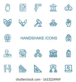 Editable 22 handshake icons for web and mobile. Set of handshake included icons line Hand, Business, Greeting, Bank, Friends, Handshake, Agreement, Auction on white background