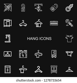 Editable 22 hang icons for web and mobile. Set of hang included icons line Hang gliding, Door hanger, Bungee jumping, Gallows, Wardrobe, Hanger, Parasailing on black background