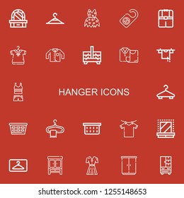 Editable 22 hanger icons for web and mobile. Set of hanger included icons line Dressing table, Clothing, Door hanger, Clothes, Sewing box, Clothes. on red background