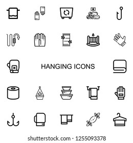 Editable 22 hanging icons for web and mobile. Set of hanging included icons line Towel, Gloves, Container, Towels, Hook, Cradle, Boxing gloves, Tissue, Hanging pot on white background