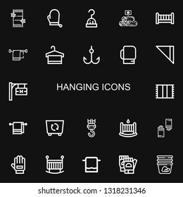 Editable 22 hanging icons for web and mobile. Set of hanging included icons line Towel, Gloves, Hook, Towels, Crib, Boxing gloves, Napkin, Hotel signal, Container on black background