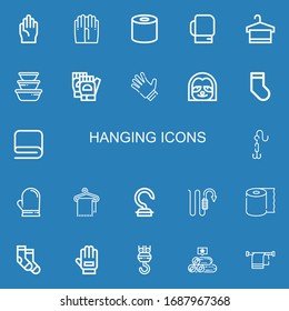 Editable 22 hanging icons for web and mobile. Set of hanging included icons line Gloves, Tissue, Boxing gloves, Towel, Container, Sloth, Socks, Hook, Glove on blue background