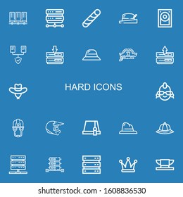 Editable 22 hard icons for web and mobile. Set of hard included icons line Servers, Server, Stick candy, Hat, Hard disk, Punk, Helmet, Anvil on blue background