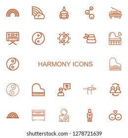 Editable 22 harmony icons for web and mobile. Set of harmony included icons line Rainbow, Buddha, Friends, Piano, Yin yang, Taoism, Zen, Friend, Yoga on white background