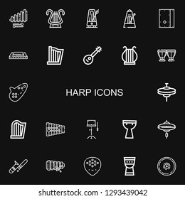 Editable 22 harp icons for web and mobile. Set of harp included icons line Xylophone, Lyre, Metronome, Cajon, Harmonica, Harp, Mandolin, Timpani, Ocarina, Cymbals on black background