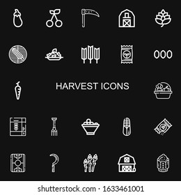 Editable 22 harvest icons for web and mobile. Set of harvest included icons line Aubergine, Cherry, Scythe, Barn, Hop, Corn, Rice, Wheat, Seed, Seeds, Carrot on black background