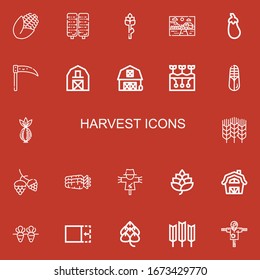 Editable 22 harvest icons for web and mobile. Set of harvest included icons line Corn, Asparagus, Farm, Aubergine, Scythe, Barn, Farming, Onion, Wheat, Hop, Carrots on red background