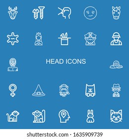 Editable 22 head icons for web and mobile. Set of head included icons line Deer, Screw, Virtual reality, Smart, Horse, Sheriff, Miss world, Hat, Beard, Zookeeper on blue background