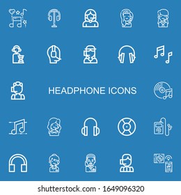Editable 22 headphone icons for web and mobile. Set of headphone included icons line Music, Headphones, Call center, Operator, DJ on blue background