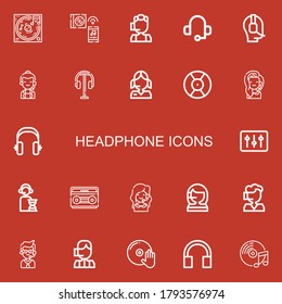 Editable 22 headphone icons for web and mobile. Set of headphone included icons line Music, Call center, Headset, Operator, Headphones, DJ, Walkman on red background