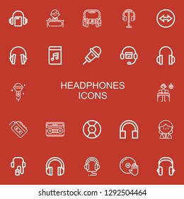 Editable 22 headphones icons for web and mobile. Set of headphones included icons line Audiobook, Receptionist, Headphone, Headphones, Team viewer, Karaoke, DJ on red background