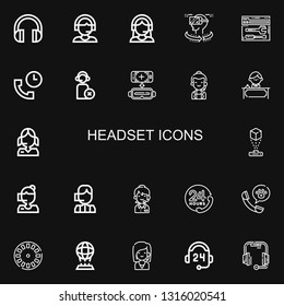 Editable 22 headset icons for web and mobile. Set of headset included icons line Headphones, Support, Customer support, Vr, Operator, Virtual reality, Call center on black background