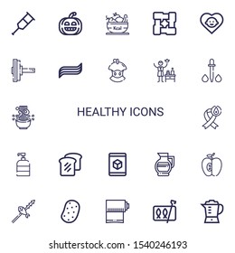 Editable 22 healthy icons for web and mobile. Set of healthy included icons line Crutch, Pumpkin, Fruit, Arms, Baby, Dumbbell, Toothpaste, Bitten apple, Spa on white background