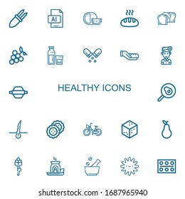 Editable 22 healthy icons for web and mobile. Set of healthy included icons line Corn, Illustrator, Cheese, Bread, Grapes, Milk, Pill, Dentist, Rolling pin on white background