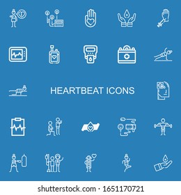 Editable 22 heartbeat icons for web and mobile. Set of heartbeat included icons line Heartbreak, Heart rate, Blood donation, Electrocardiogram, Hemoglobin, Medical on blue background