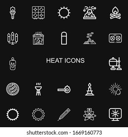 Editable 22 heat icons for web and mobile. Set of heat included icons line Torch, Stove, Sun, Volcano, Bonfire, Candles, Heater, Thermo, Candle, Crucible, Barbecue on black background