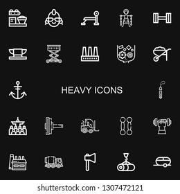 Editable 22 heavy icons for web and mobile. Set of heavy included icons line Loader, Punk, Bench press, Slavery, Dumbbell, Anvil, Lift, Factory, Crusher, Wheelbarrow on black background