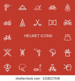 Editable 22 helmet icons for web and mobile. Set of helmet included icons line Paintball, Hat, Bicycle, Helmet, Bike, Ice hockey, Panorama, Quad, Boxing shorts on red background