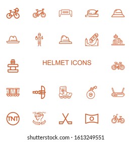 Editable 22 helmet icons for web and mobile. Set of helmet included icons line Bicycle, Safety mask, Hat, Worker, Skateboard, Architecture, Force, Mine, Crossbow on white background