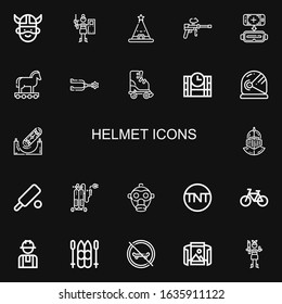 Editable 22 helmet icons for web and mobile. Set of helmet included icons line Viking, Paintball, Hat, Virtual reality, Trojan, Spur, Roller skate, Dinamite on black background