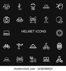 Editable 22 iconos de casco para web y móvil. Conjunto de casco incluía íconos línea Máscara Robot, jugador de fútbol, Ejército, Sombrero, Realidad Virtual, Casco de boxeo, Samurai en fondo negro