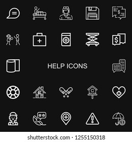 Editable 22 help icons for web and mobile. Set of help included icons line Chat, Gurney, Nurse, Diskette, Human rights, Emergency kit, Manual, Elevator, Bandages on black background