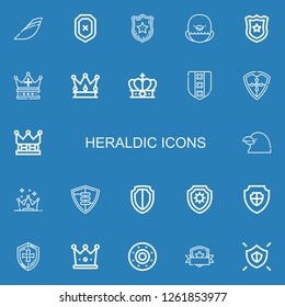 Editable 22 heraldic icons for web and mobile. Set of heraldic included icons line Iberia, Shield, Police badge, Eagle, Crown, Raven on blue background