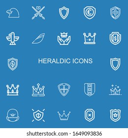 Editable 22 heraldic icons for web and mobile. Set of heraldic included icons line Raven, Lance, Shield, Eagle, Iberia, Crown, Police badge on blue background