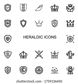 Editable 22 heraldic icons for web and mobile. Set of heraldic included icons line Shield, Iberia, Crown, Police badge, Lance, Eagle, Queen on white background