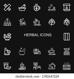 Editable 22 herbal icons for web and mobile. Set of herbal included icons line Chewing gum, Mortar, Tea, Well, Hive, Spa, Hop, Sauna, Essential oil, Massage on black background svg
