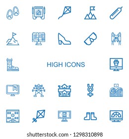 Editable 22 high icons for web and mobile. Set of high included icons line Shoes, Multimeter, Kite, Mountain, Thermometer, Achievement, Monitor, Shoe, Goggles on white background