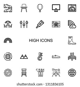 Editable 22 high icons for web and mobile. Set of high included icons line Shoes, Baby chair, Hot air balloon, Monitor, Speed, Chairs, Levels, Thermometer on white background