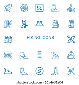 Editable 22 hiking icons for web and mobile. Set of hiking included icons line Adventure, Backpack, Scout, Boot, Hiking, Kayak, Boots, Rafting, Cabin, Sleeping bag on white background