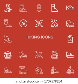 Editable 22 hiking icons for web and mobile. Set of hiking included icons line Boot, Sleeping bag, Boots, Adventure, Kayak, Camp, Climbing, Ride, Hiking, Backpack on red background