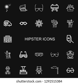 Editable 22 hipster icons for web and mobile. Set of hipster included icons line Dandelion, Phonograph, Sunglasses, Buck, Chalk, Food truck, Helm, Selfie, Radio cassette on black background