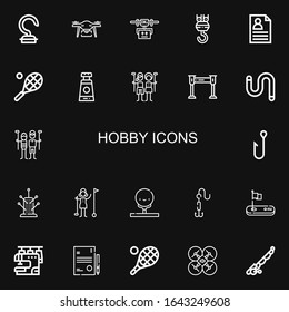 Editable 22 hobby icons for web and mobile. Set of hobby included icons line Hook, Drone, CV, Tennis, Paint tube, Golfer, Metal detector, Worm, Pincushion on black background